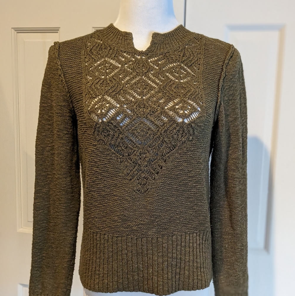 Free People Olive Sweater Notch Neck cut-outs SM